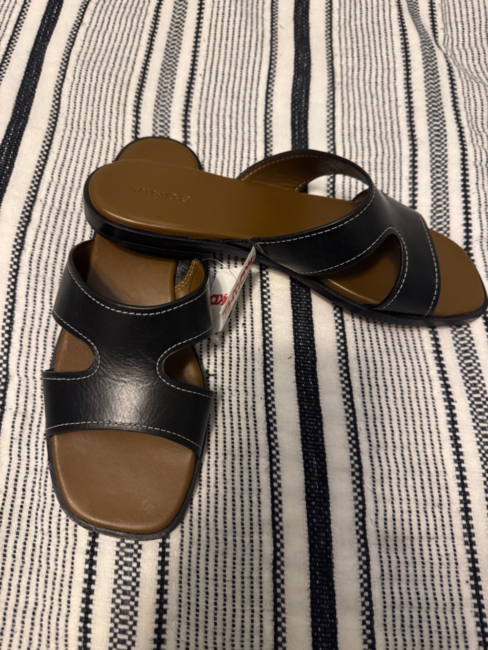 Vince Black Leather Slide Sandals with Brown Footbed
